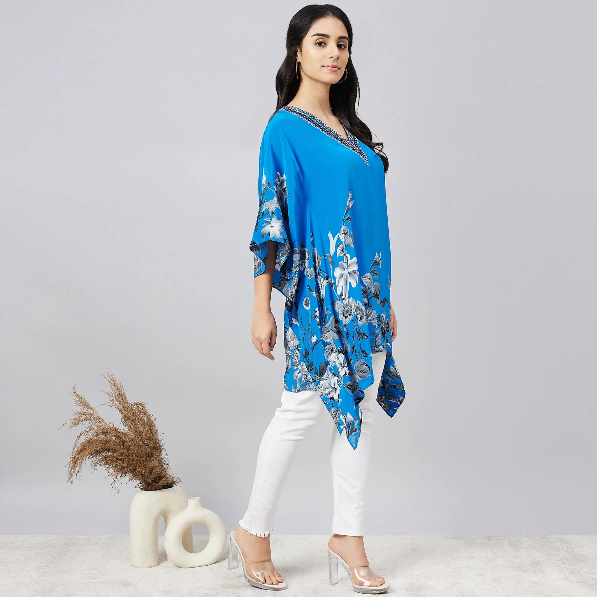 Azure Blue Embellished Floral Kaftan Top
