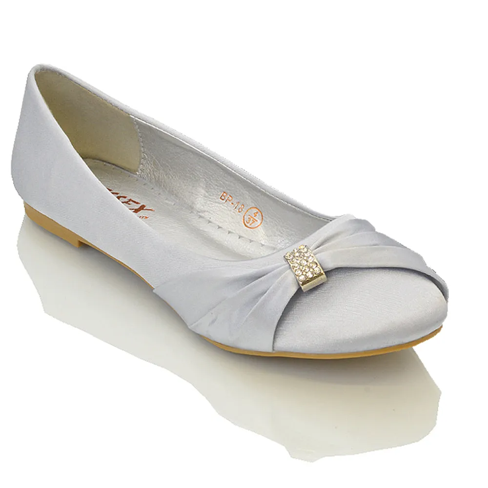 GABRIELA FLAT RUCHED DIAMANTE SPARKLY BROOCH CLASSIC WEDDING BRIDAL BALLERINA PUMPS IN SILVER SATIN